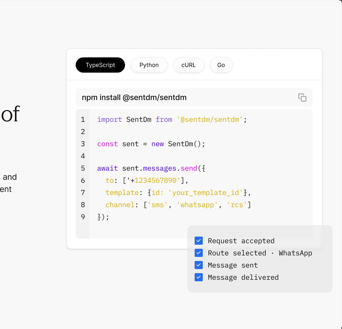 A type-safe Sent SDK example with accepted, routed, sent, and delivered events